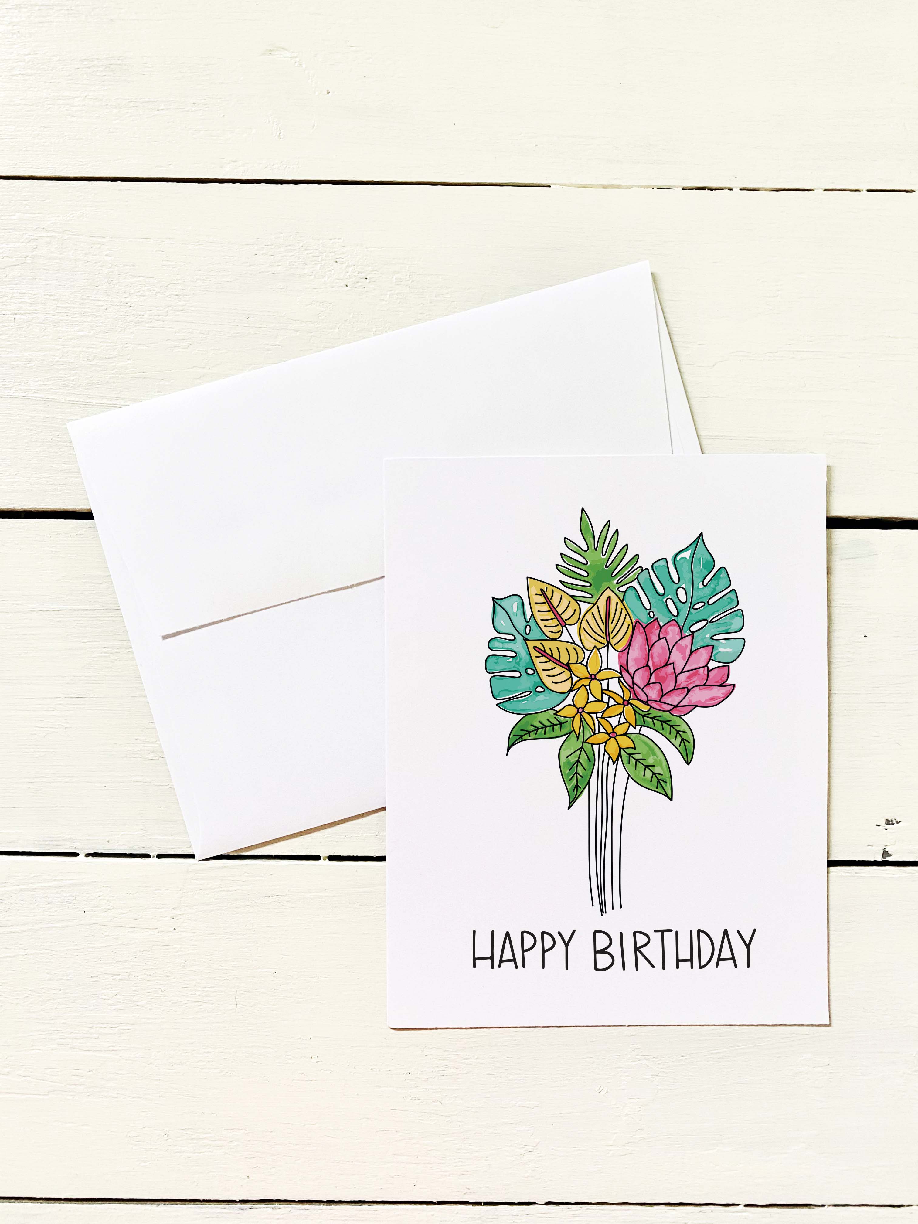 Happy Birthday Floral Bouquet 6 Note Card Set - Set of 6 Note Cards w/ Coordinating Envelope - Stationary Paper