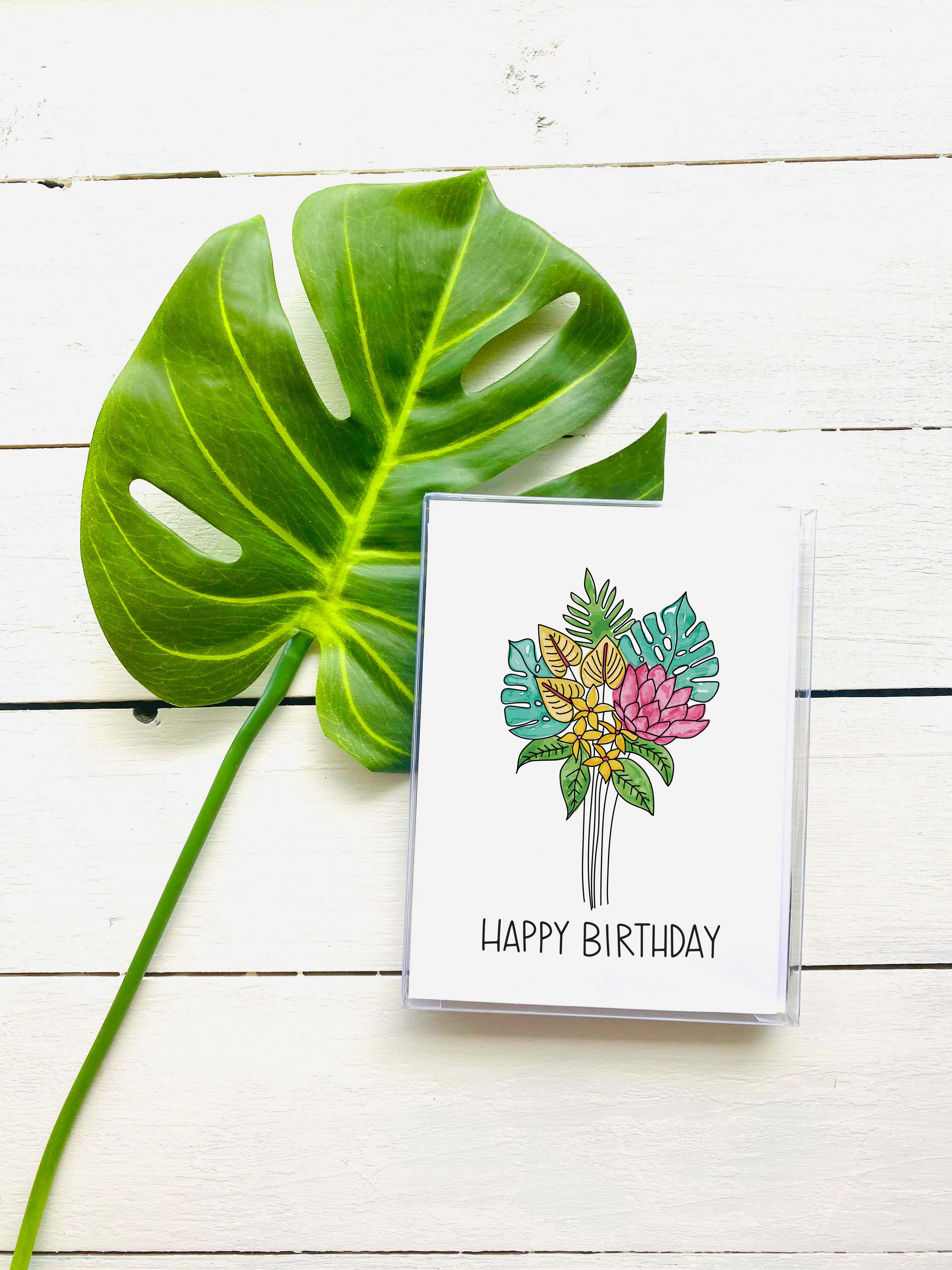 Happy Birthday Floral Bouquet 6 Note Card Set - Set of 6 Note Cards w/ Coordinating Envelope - Stationary Paper