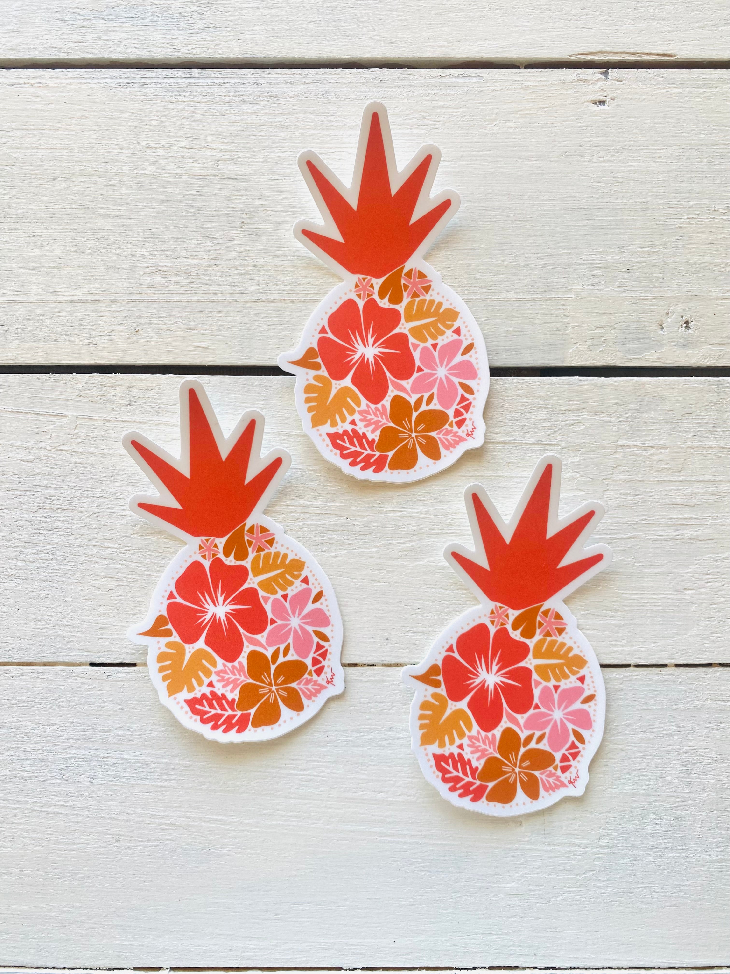 Tropical Aloha Pineapple Sticker - Hibiscus, Monstera, starfish, island, Hawaii, vintage, stickers, fruit stickers, mahalo