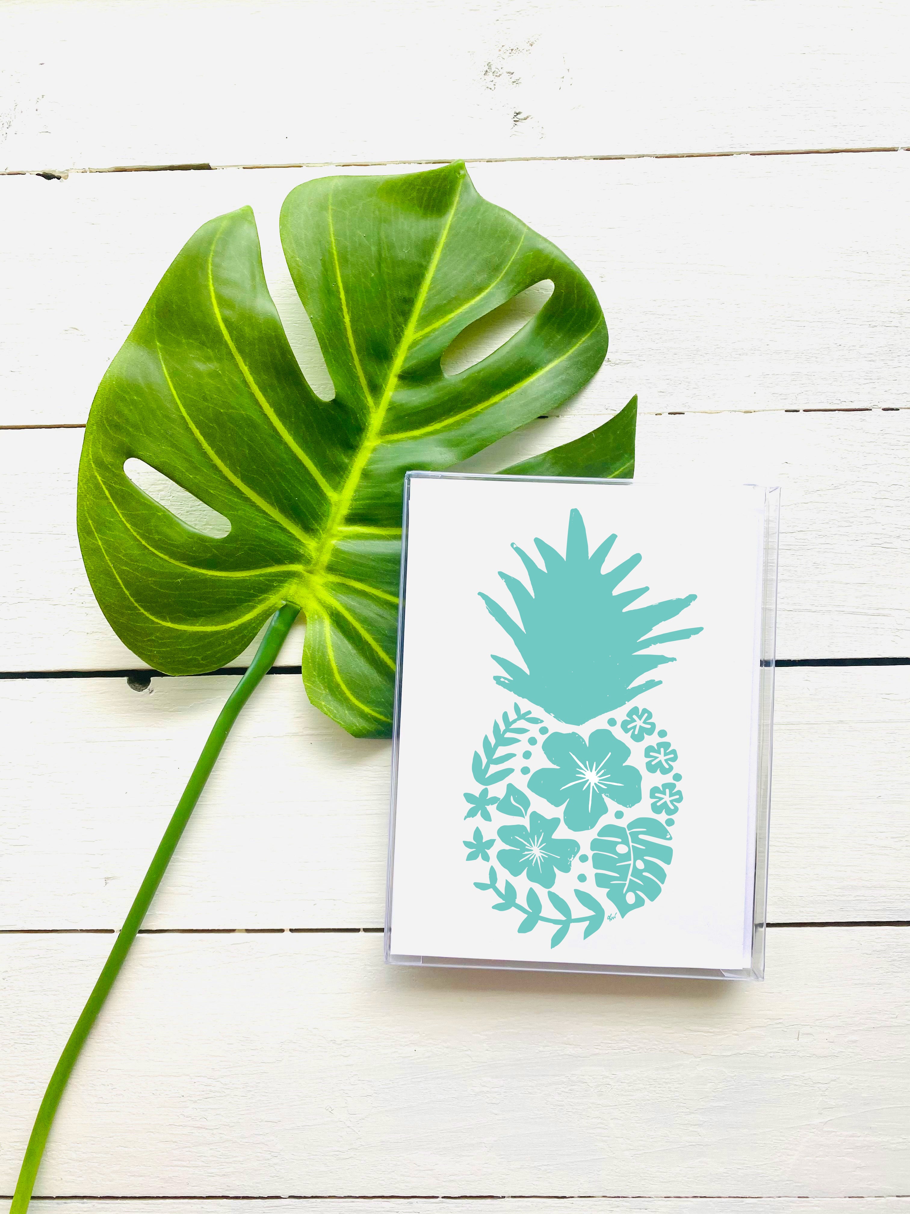 Turquoise Pineapple 6 Note Card Set - Set of 5 Note Cards w/ Coordinating Envelope - Stationary Paper