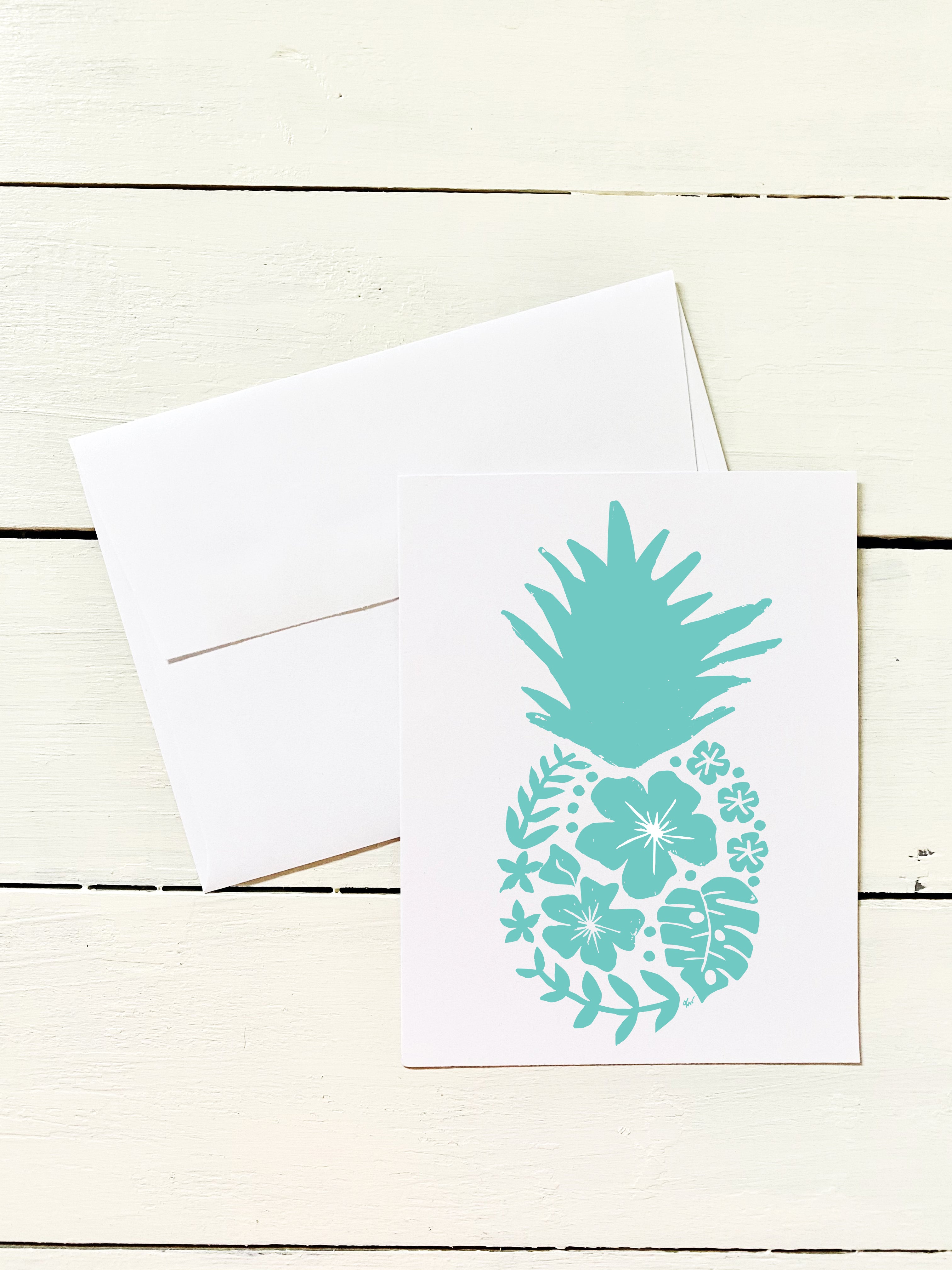 Turquoise Pineapple 6 Note Card Set - Set of 5 Note Cards w/ Coordinating Envelope - Stationary Paper