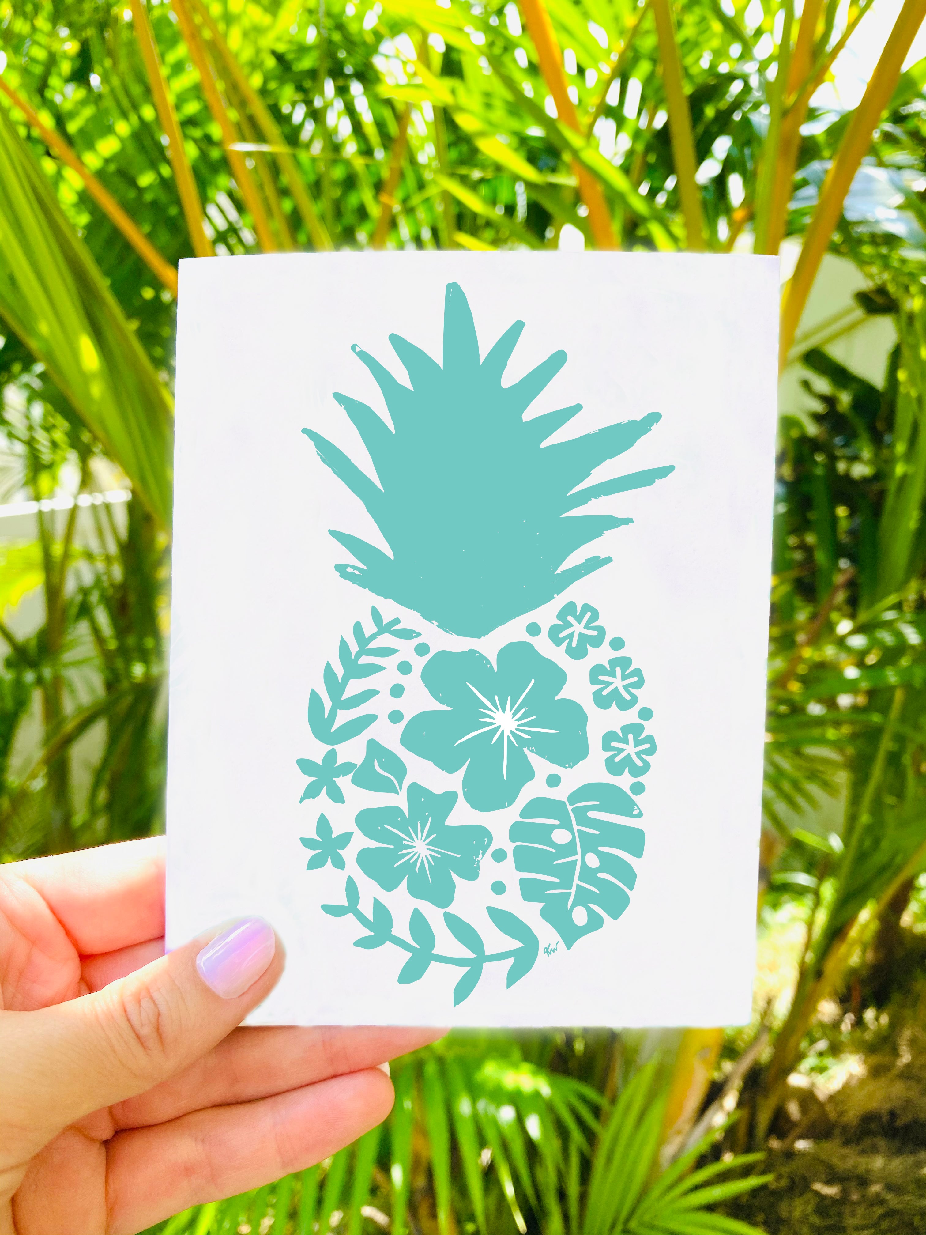Turquoise Pineapple 6 Note Card Set - Set of 5 Note Cards w/ Coordinating Envelope - Stationary Paper